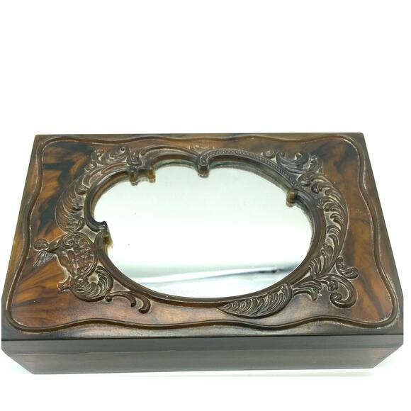 Vintage Lucite Mirrored Vanity Jewelry Trinket Box‎ Makeup Tortoiseshell - Picture 1 of 7